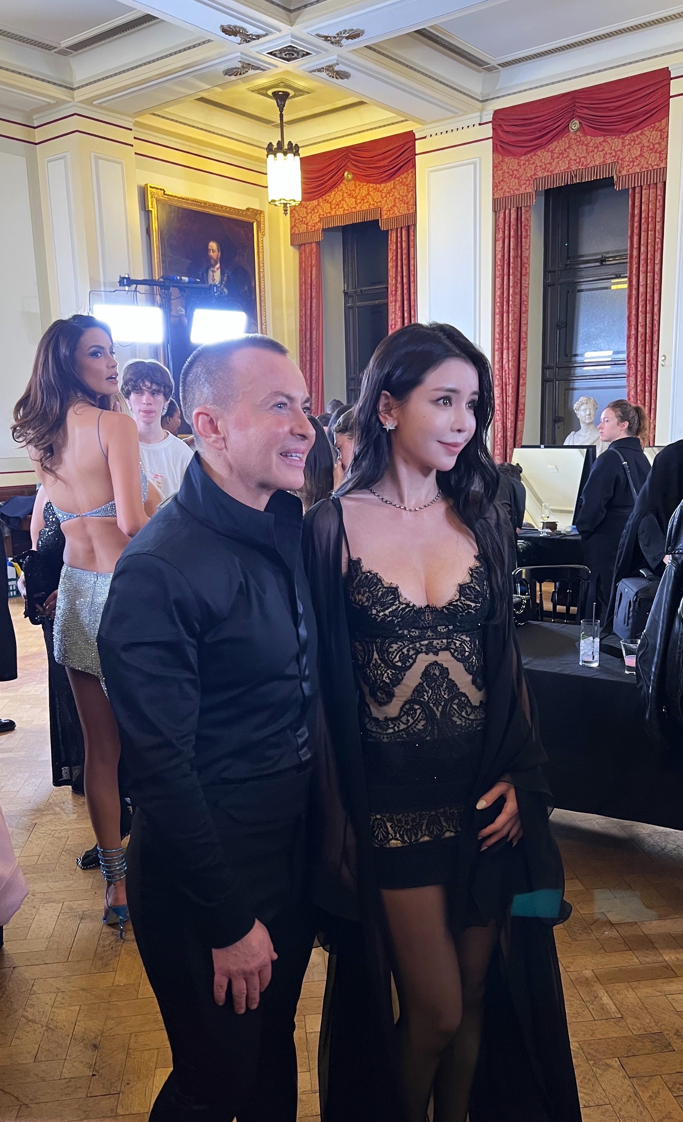 Tia Lee with Julien Macdonald, in couture from his FW23 collection